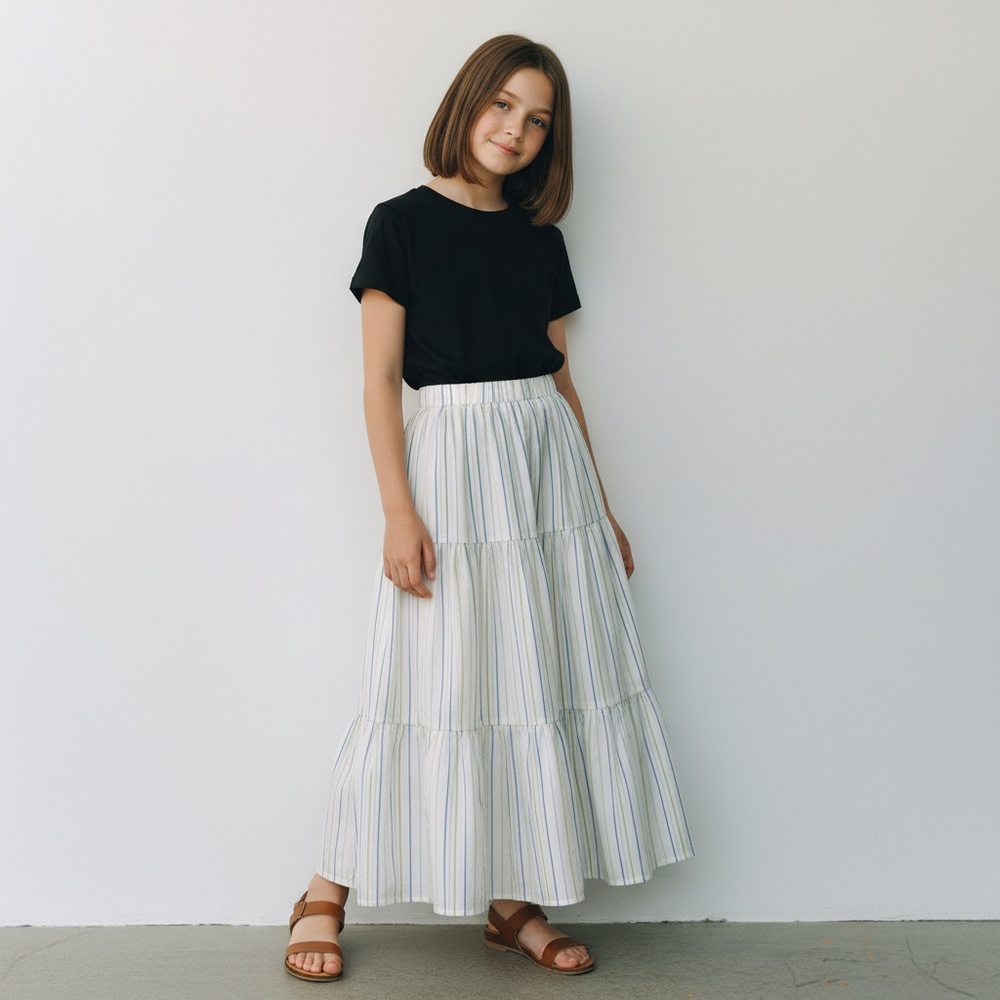 Skirt Girls M 8 Maxi Ruffle Tier Striped White Lined‎ Boho Mom and Pop's Kids